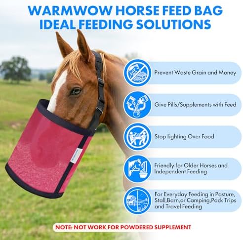 Horse Feed Bag Pack of 2 (Reinforced Bottom Edging), Feed Bags for Horses with Ventilation Mesh, Comfort Nose Pad Neck Pad, Adjustable Strap, Spill Proof Design for Feeding Grain, Supplements