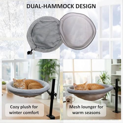 Cat Bed for Desk, 360 Rotating Elevated Hammock, All-Season Mesh & Fleece Office Pet Perch Set with Blanket and Hair Remover Brush