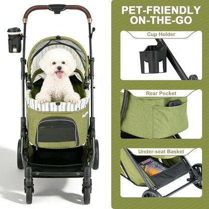 Pet Stroller for Small Dogs & Cats – Easy One-Hand Fold, Supports Up to 35 lbs – Green