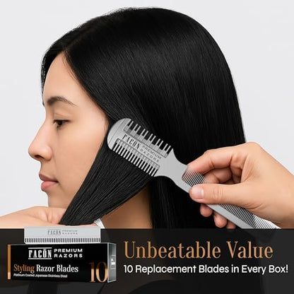 Facón Razor Comb for Hair Cutting - Professional Hair Cutting Comb Kit with 12 Replacement Blades, Double Edge Shaper for Salon & Home, Premium Styling Thinning Texturizing Split Ends Trimming Razor