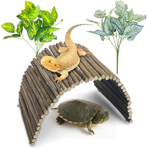 BNOSDM Reptile Hide Set Wooden Bridge Tortoise Hideout Climbing 19.7x9in