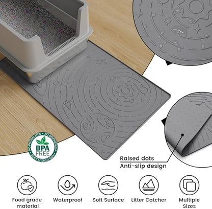 OHMO Cat Litter Mat Small 18.9x11.8in, Dark Grey Silicone Rubber Scatter Control Kitty Litter Box Trapping Mat, Waterproof Easy to Clean, Odorless Pet Supplies, Indoor Cat Essentials