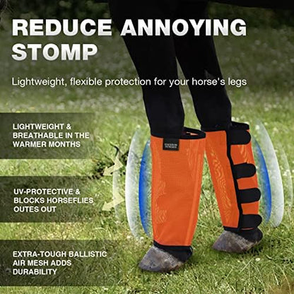 Harrison Howard Loose Fitting Fly Boots UV-Protective Extra Tough Mesh Ventilated Four Fasteners Stay-on Design Protect Horse Legs & Stomp-Reducing Set of 4 Orange Pony