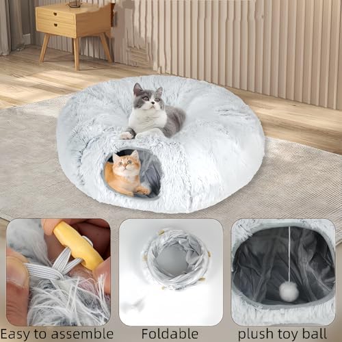Large Cat Tunnel Bed for Indoor Cats with Hanging Pompom Toys