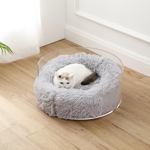 CBD2000A Bette 20.75" x 20.75" Small/Medium Modern Lucite Calming Fluffy Donut Pet Bed with Washable Cover, Light Gray/Clear
