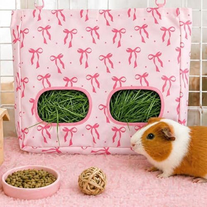 JarThenaAMCS 2Pcs Rabbit Hay Feeder Bag with 2 Holes Pink Bow Guinea Pig Hanging Hay Feeding Bag Large Storage Dispenser for Chinchilla Hamster Bunny Small Animal Pet