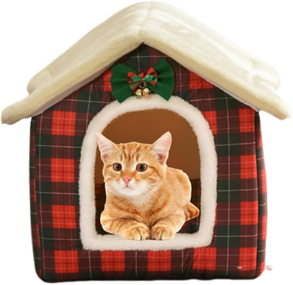Cat Bed Cave, Cute Christmas Plaid Cat Beds for Indoor Cats, Pet House Cats Tent with Removable Cushion Pillow for Kittens Puppy Small Dogs (Plaid-S(15.7x12.6x13.7in))
