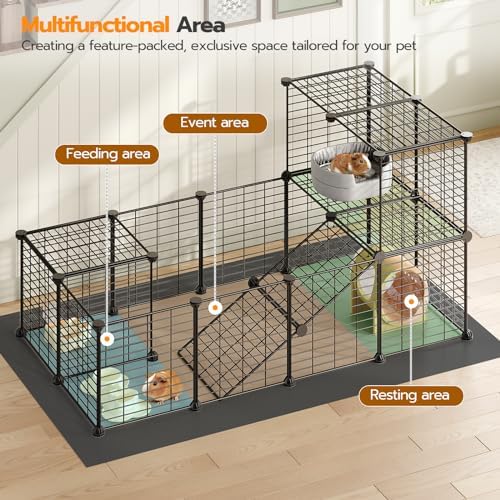 HOOBRO 24 Panels Guinea Pig Cage with Waterproof Mat and Ramp, 57" x 31.5" x 23.6" Loft Design Small Animal Playpen, Rabbit Cage, Bunny Cage, Pet Playpen, Indoor Outdoor Yard Fence, Black BK03PP03