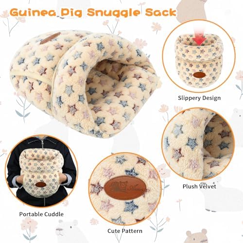 YUEPET Guinea Pig Bed, Warm Fleece Slipper Cuddle Cave, Brown Star