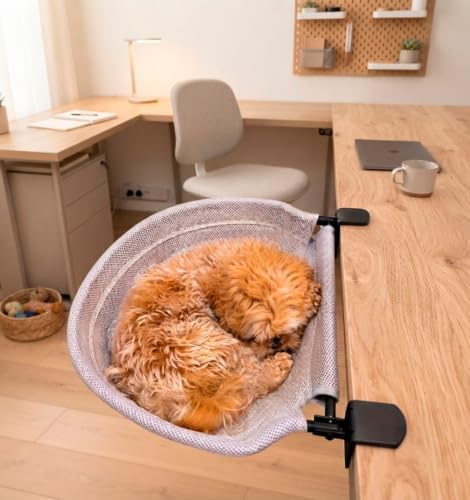 Desk Cat Bed Attachment with Sturdy Steel rame Holds Up to 40 lbs, Foldable 90° Space-Saving Design, Washable Covers for Summer & Winter, Rubber Grip & Easy No-Drill Setup