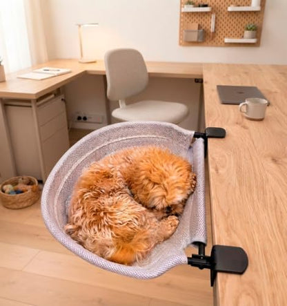 Desk Cat Bed Attachment with Sturdy Steel rame Holds Up to 40 lbs, Foldable 90° Space-Saving Design, Washable Covers for Summer & Winter, Rubber Grip & Easy No-Drill Setup