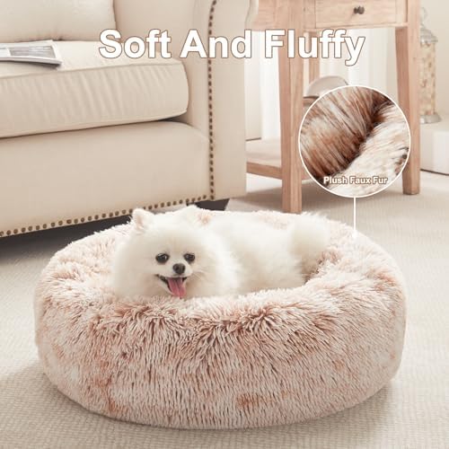23 inches Faux Fur Fluffy Donut Dog Bed for Small Dogs,Brown