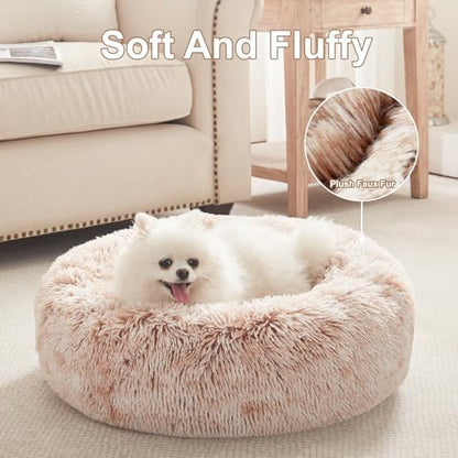23 inches Faux Fur Fluffy Donut Dog Bed for Small Dogs,Brown