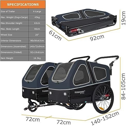 DOGGYHUT® S-Line XL Pet Bike Trailer & Stroller for Large Dogs Up to 100 lbs, Folding Dog Cart with Shock-Absorbing Suspension Wheels, Low Center of Gravity, Parking Brakes