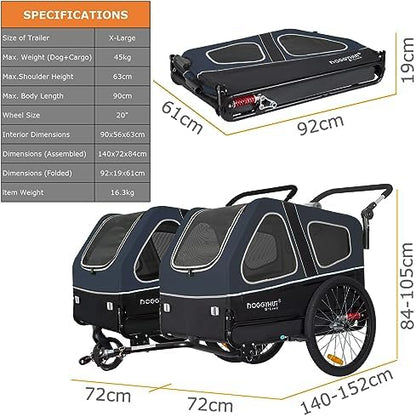 DOGGYHUT® S-Line XL Pet Bike Trailer & Stroller for Large Dogs Up to 100 lbs, Folding Dog Cart with Shock-Absorbing Suspension Wheels, Low Center of Gravity, Parking Brakes