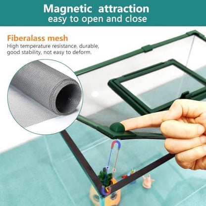 Magnetic Fish Tank Cover with Feeding Window Green Frame Grey Fiberglass Mesh, DIY Fish Tank Lid Adjustable Size Fit Tank Size Max 35''X19'' for Preventing Fish from Jumping Out and Reptile Escaping