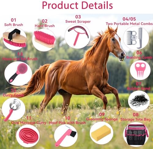 Horse Grooming Kit 13 Piece, Horse Brushes for Grooming Supplies with Tote Bag, Horses Tack Brush Set for Effective Grooming and Cleaning, Gift for Horse Riders Beginners (Pink)