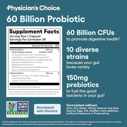 Physician's CHOICE Probiotics 60 Billion CFU - 10 Strains + Organic Prebiotics - Immune, Digestive & Gut Health - Supports Occasional Constipation, Diarrhea, Gas & Bloating - for Women & Men - 30ct