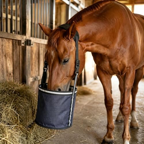 Horse Feed Bag,Heavy Duty Muzzle Feed Bag with Adjustable Strap,Comfort Neck Pad,Nose Pad and Double Waterproof Bottom Mesh Feed Bags for Horse Pack of 2 (Dark Blue & Grey(Reflective))