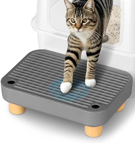 Litter Box Step, Litter Box Ramp/Catcher with Wooden Base, Anti-Tracking & Easy to Clean, Ideal for Small & Elderly Cats 11.8"x7.9"x3.6" (Dark Gray)
