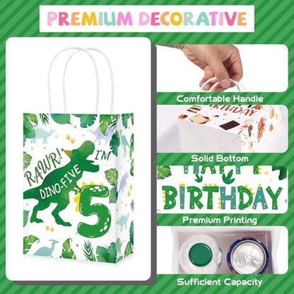 Greencian 16Pcs Dinosaur 5th Birthday Party Favor Bags Roar Goodie Bags