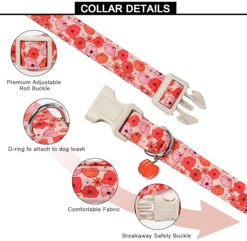 Lionet Paws Halloween Dog Collar- Cute Flower Pumpkin Peach Dog Collars with Plastic Buckle and Pumpkin Pendant,Light Adjustable Heliopsis Dog Collars for Medium Dogs