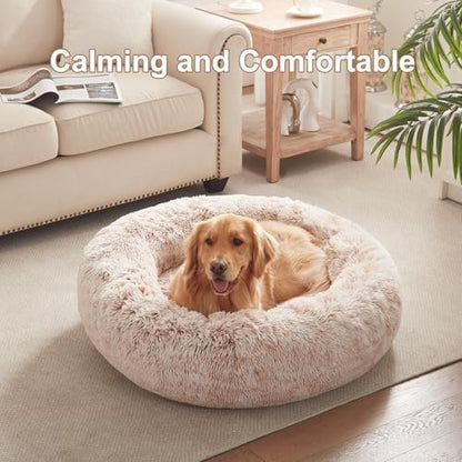 36 inches Faux Fur Fluffy Donut Dog Bed for Large Dogs,Brown