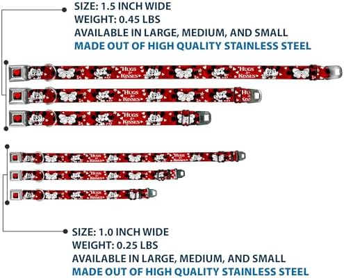 Dog Collar Seatbelt Buckle Mickey Minnie Hugs Kisses Poses Reds White 11 to 17 Inches 1.0 Inch Wide