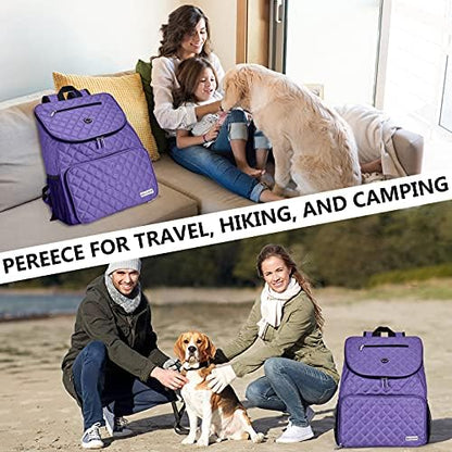 BAGLHER Dog Travel Bag Airline Approved Pet Supplies Backpack, Dog Travel Backpack with 2 Silicone Collapsible Bowls and 2 Food Baskets Purple