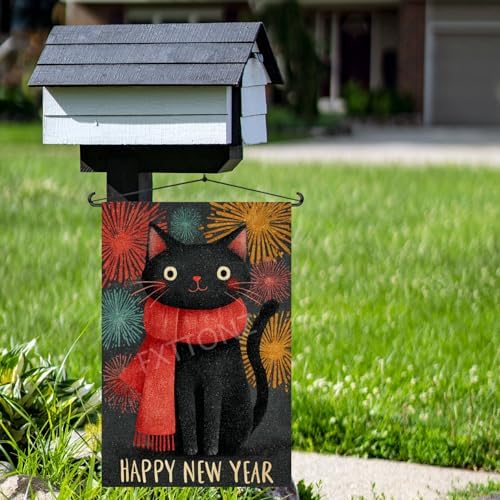 Happy New Year Garden Flag 12x18 Double Sided Vertical Linen Small Fireworks Black Cat House Flag Welcome Holiday Winter House Outdoor Outside Decorations (27173)