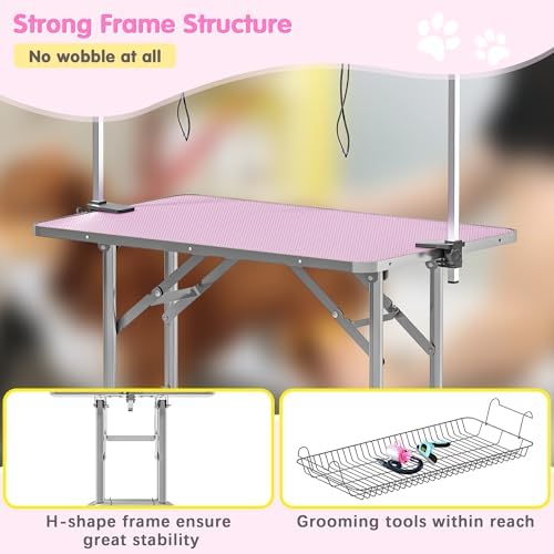 Lyromix 46'' Stainless Steel Pet Dog Grooming Table, Arm/Noose/Tray, Pink