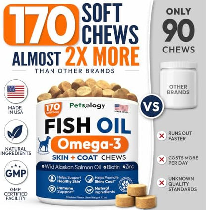 Omega 3 Fish Oil for Dogs - 170 Chews - Omega 3 for Dogs Itchy Skin Relief