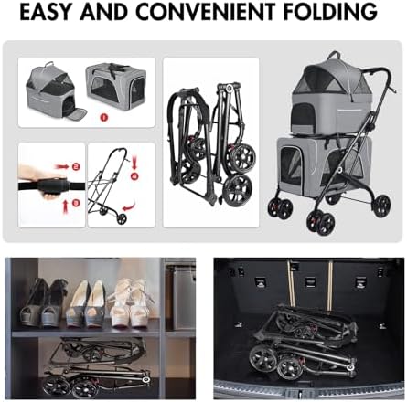 Petmolico Double Pet Stroller with 2 Detachable Carrier Bags, Grey