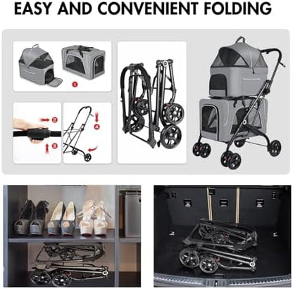 Petmolico Double Pet Stroller with 2 Detachable Carrier Bags, Grey
