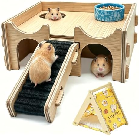 Wooden Hamster Hideout House,Multi-Chamber Syrian Hamster Hide Hut with Ladder Platform Bowls,Gerbil Explore Hiding Maze House Habitats Decor Accessories for Rat,Dwarf, Mice,Mouse
