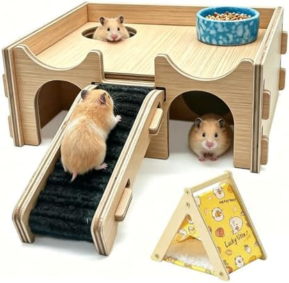 Wooden Hamster Hideout House,Multi-Chamber Syrian Hamster Hide Hut with Ladder Platform Bowls,Gerbil Explore Hiding Maze House Habitats Decor Accessories for Rat,Dwarf, Mice,Mouse