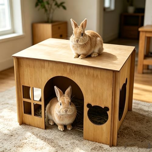 Large Sturdy Wooden Rabbit Castle Hideout with Spacious Balcony, Detachable Bunny Playhouse Hideaway Cage Accessories, Indoor Habitat Toys for Guinea Pig Chinchilla Hamster Gerbil Small Animals
