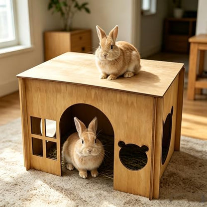 Large Sturdy Wooden Rabbit Castle Hideout with Spacious Balcony, Detachable Bunny Playhouse Hideaway Cage Accessories, Indoor Habitat Toys for Guinea Pig Chinchilla Hamster Gerbil Small Animals