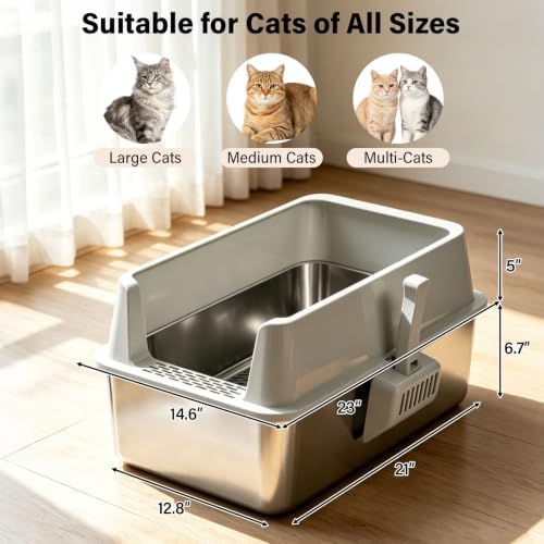 Stainless Steel Litter Box with Lid,XL Sifting Litter Box for Pine Pellets