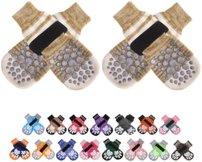 PUPTECK Anti-Slip Dog Socks with Double Sides for Small Medium Large Dogs Hardwood Floors Prevents Licking, Dog Shoes for Hot Pavement Traction Control Paw Protector for Senior Dogs, Striped Khaki S