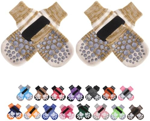 PUPTECK Anti-Slip Dog Socks with Double Sides for Small Medium Large Dogs Hardwood Floors Prevents Licking, Dog Shoes for Hot Pavement Traction Control Paw Protector for Senior Dogs, Striped Khaki M