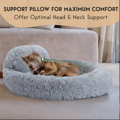 PetJett Dog Beds Large Sized Dog - 36'' Calming Round Bed, Washable Dog Bed - Anti-Slip Super Soft Donut Bed, Fluffy Faux Fur Anti-Anxiety Premium Comfort Pet Bed, Fits Dogs up to 80 lbs - Bright Grey