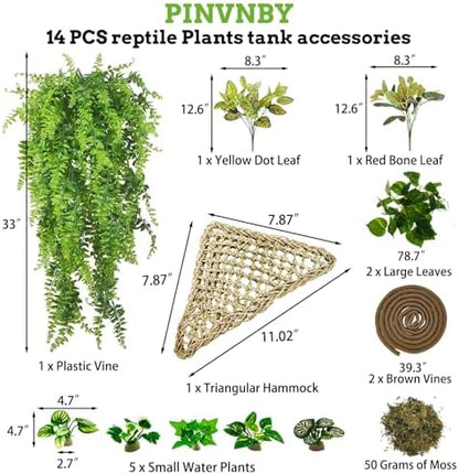 PINVNBY 14 PCS Reptile Plants Sets, Bearded Dragon Hammock, Terrarium Hanging Plant Vines Artificial Leaves, Reptile Habitat Climbing Decorations for Chameleons, Lizards, Geckos, Snakes