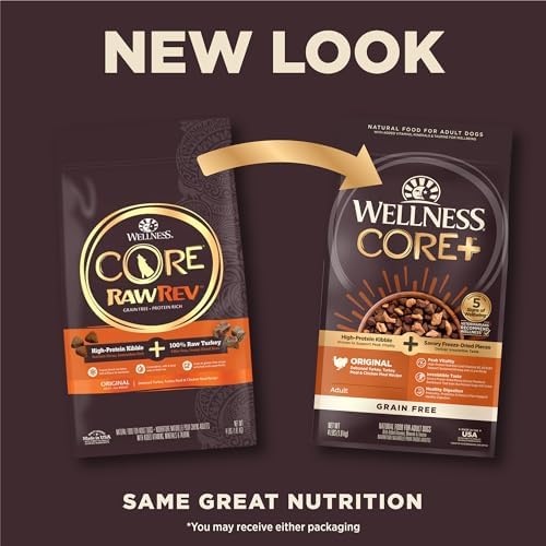 Wellness CORE RawRev Grain-Free Dry Dog Food, Natural Ingredients, Made in USA with Real Freeze-Dried Meat (Adult, Turkey, 4 lbs) (Pack of 2)