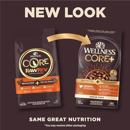 Wellness CORE RawRev Grain-Free Dry Dog Food, Natural Ingredients, Made in USA with Real Freeze-Dried Meat (Adult, Turkey, 4 lbs) (Pack of 2)