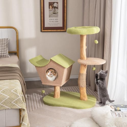 Tangkula Cat Tree, Solid Wood Cat Tower with Jute Scratching Post, Condo, Perch, Jingling Ball, Multi-Layer Activity Center, Modern Cute Cat Tree for Indoor Cats