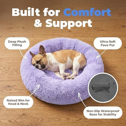 Best Pet Supplies Round Calming Dog Bed for Small, Medium & Large Dogs, Plush Donut Cuddler Pet Bed w/Raised Rim for Head, Neck Support, Anti-Slip Bottom Washable Bed - Lavender, 20 x 20 x 6