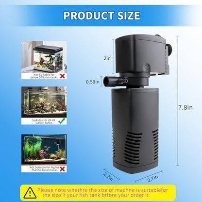 coospider-repta Fish Tank Filter for 15-40 Gallon Tank, 160 GPH Crystal Clear Powerful Internal Aquarium Filters Submersible Pump& Filter System for Fish Tank & Turtle Tank