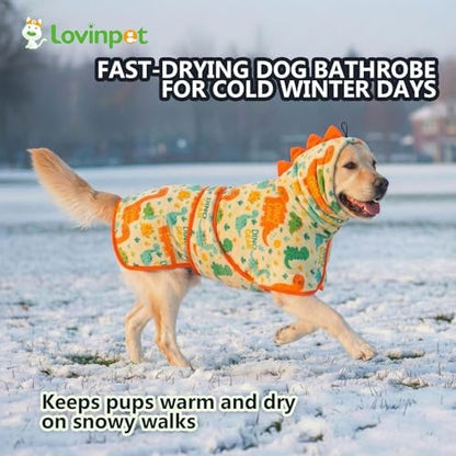 LovinPet 3-in-1 Dog Warm Winter Coat & Bathrobe, Orange Dinosaur Fleece, M