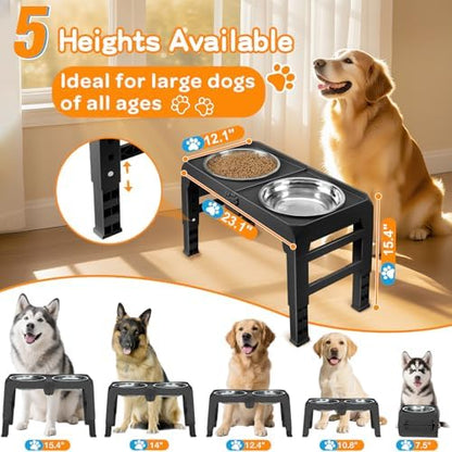 Elevated Dog Bowls for Large Dogs 5 Adjustable Heights 7.5"-15.4", 2 X-Large 10” Stainless Steel Bowls, Heavy Duty Raised Dog Bowl Stand Foldable Pet Feeder for Dogs Shoulder Height Over 15”, Black